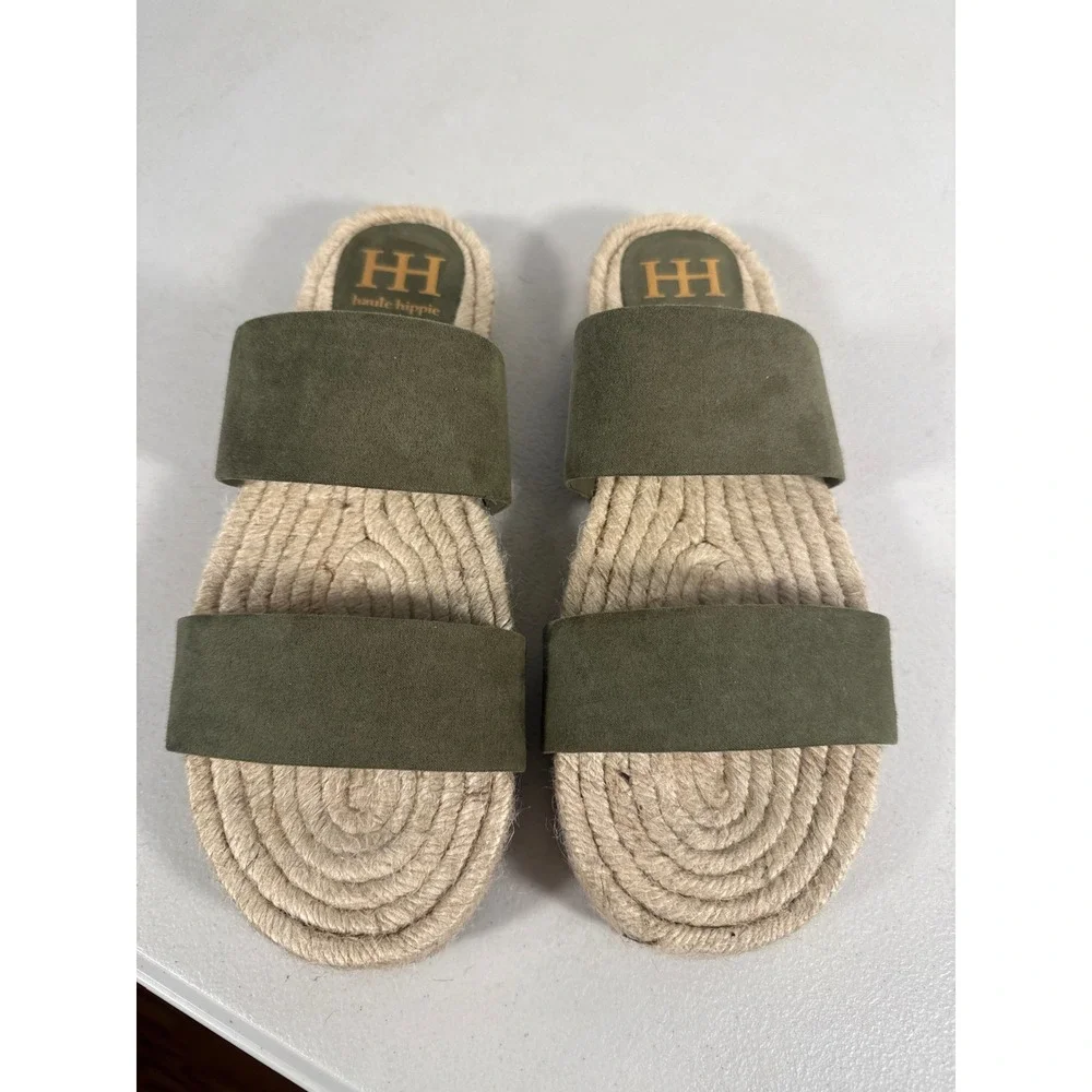 Haute Hippie Style Olive Green Two Strap Espadrille Slide Sandals Women Sz 9 m